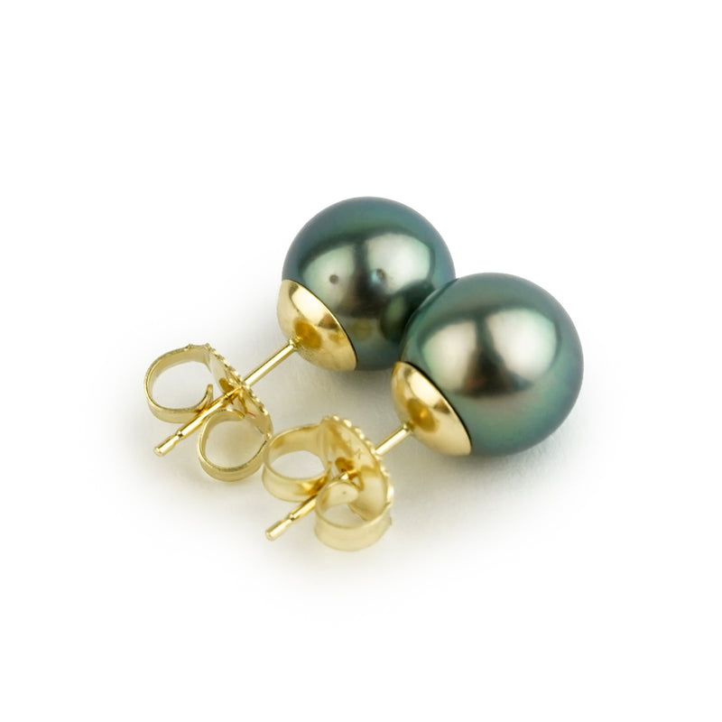 Blue-Green 9.3-9.7mm Tahitian Pearl Stud Earrings