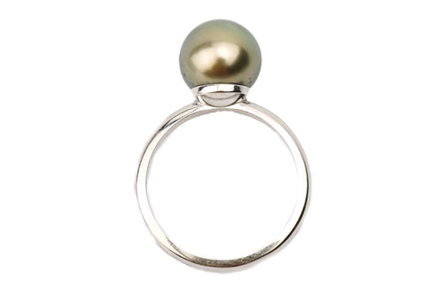 Coppery Green Tahitian Pearl Ring on 14K White Gold