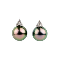Flashy Pink Green Tahitian Pearl & Diamond Toru Earrings on 14K White Gold