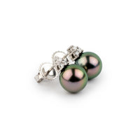 Flashy Pink Green Tahitian Pearl & Diamond Toru Earrings on 14K White Gold