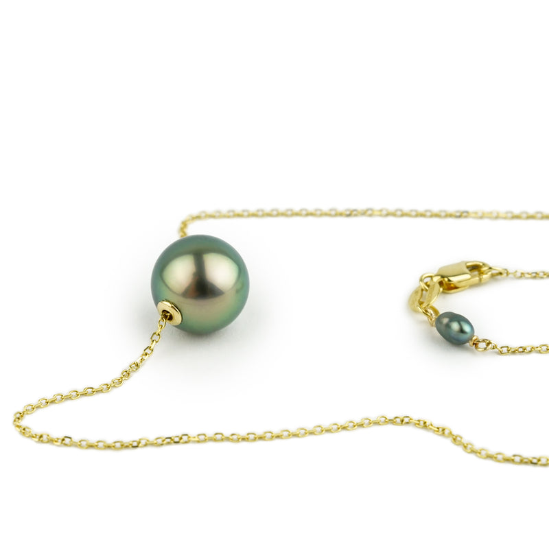 Vibrant Peacock Green 10.2mm Tahitian Pearl Solitaire Necklace on 14K Yellow Gold