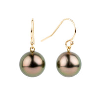 Aubergine Green Tahitian Pearl Dangle Earrings on 14K Yellow Gold