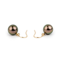 Aubergine Green Tahitian Pearl Dangle Earrings on 14K Yellow Gold