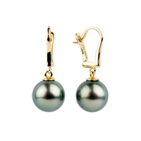 Blue Peacock 10mm Tahitian Pearl Lever Back Earrings on 14K Yellow Gold