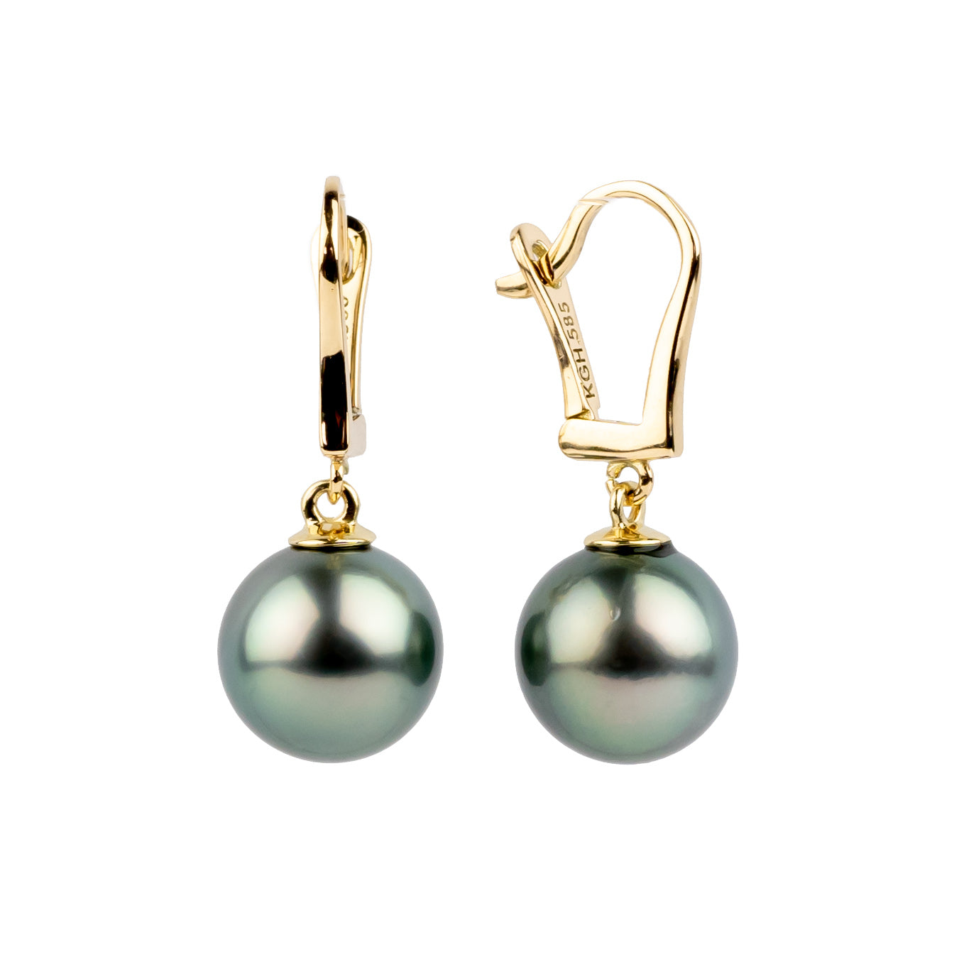 Blue Peacock 10mm Tahitian Pearl Lever Back Earrings on 14K Yellow Gold