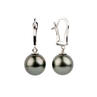 Dark Chrome 10mm Tahitian Pearl Lever Back Earrings on 14K White Gold