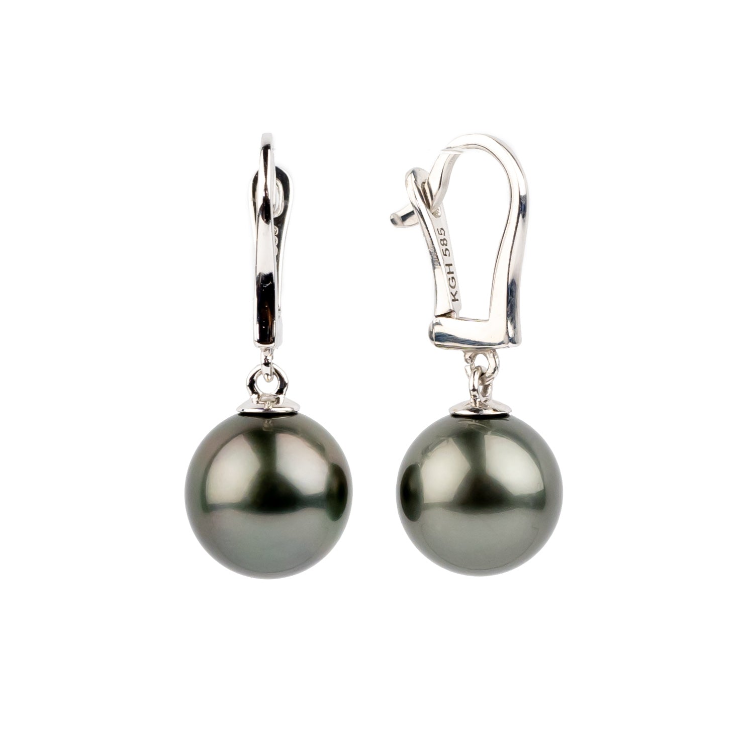 Dark Chrome 10mm Tahitian Pearl Lever Back Earrings on 14K White Gold