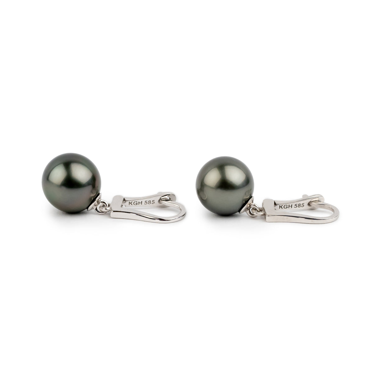 Dark Chrome 10mm Tahitian Pearl Lever Back Earrings on 14K White Gold