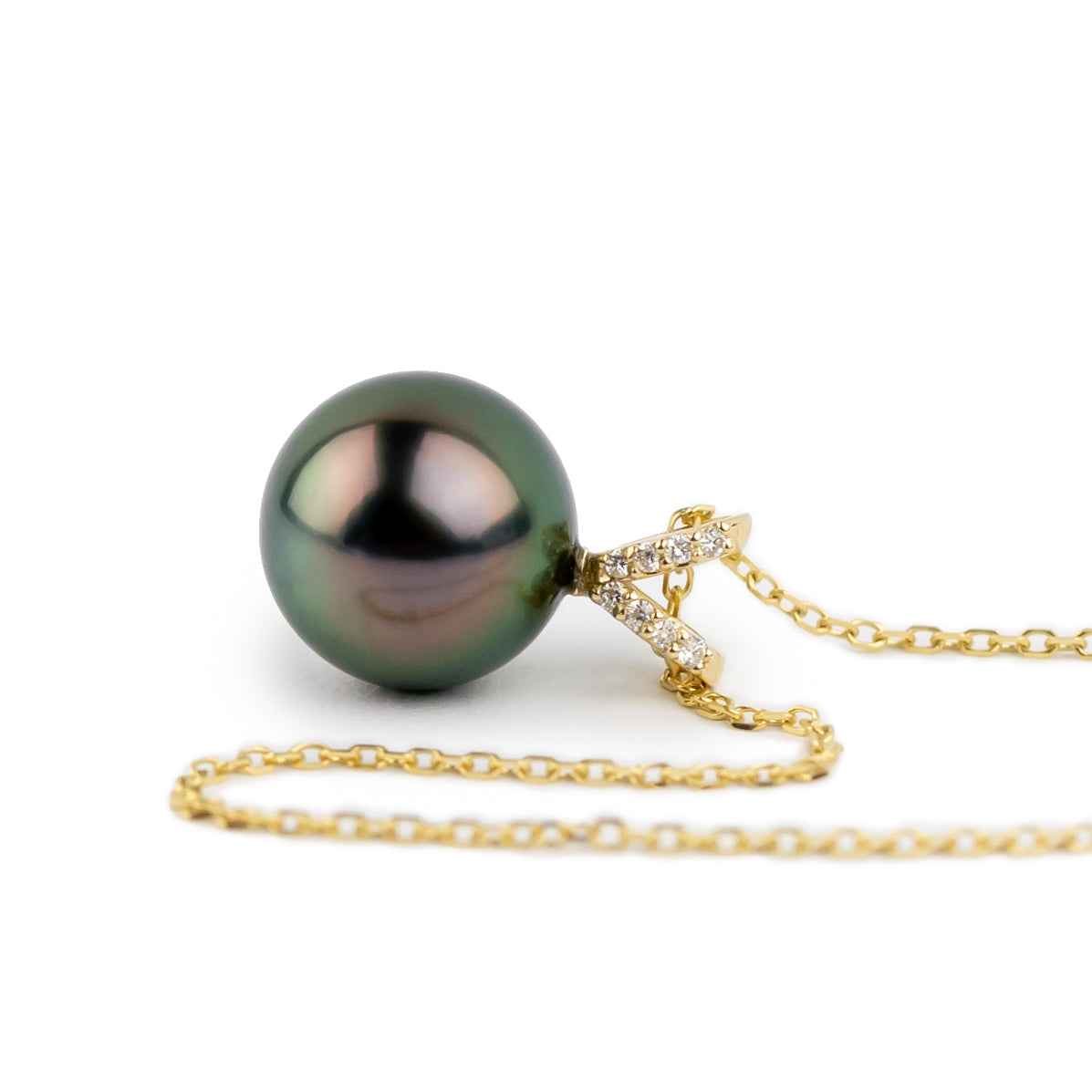 Aubergine Peacock Tahitian Pearl & Diamond Hoa Necklace on 14K Yellow Gold