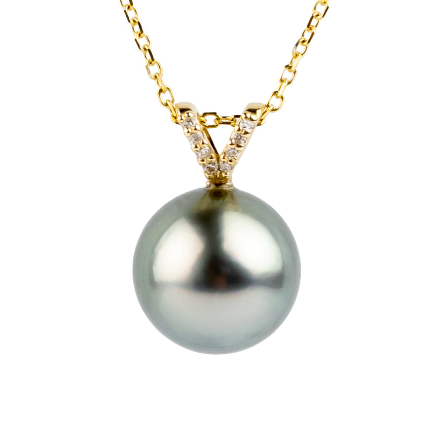 Shimmery Blue Tahitian Pearl & Diamond Hoa Necklace on 14K Yellow Gold