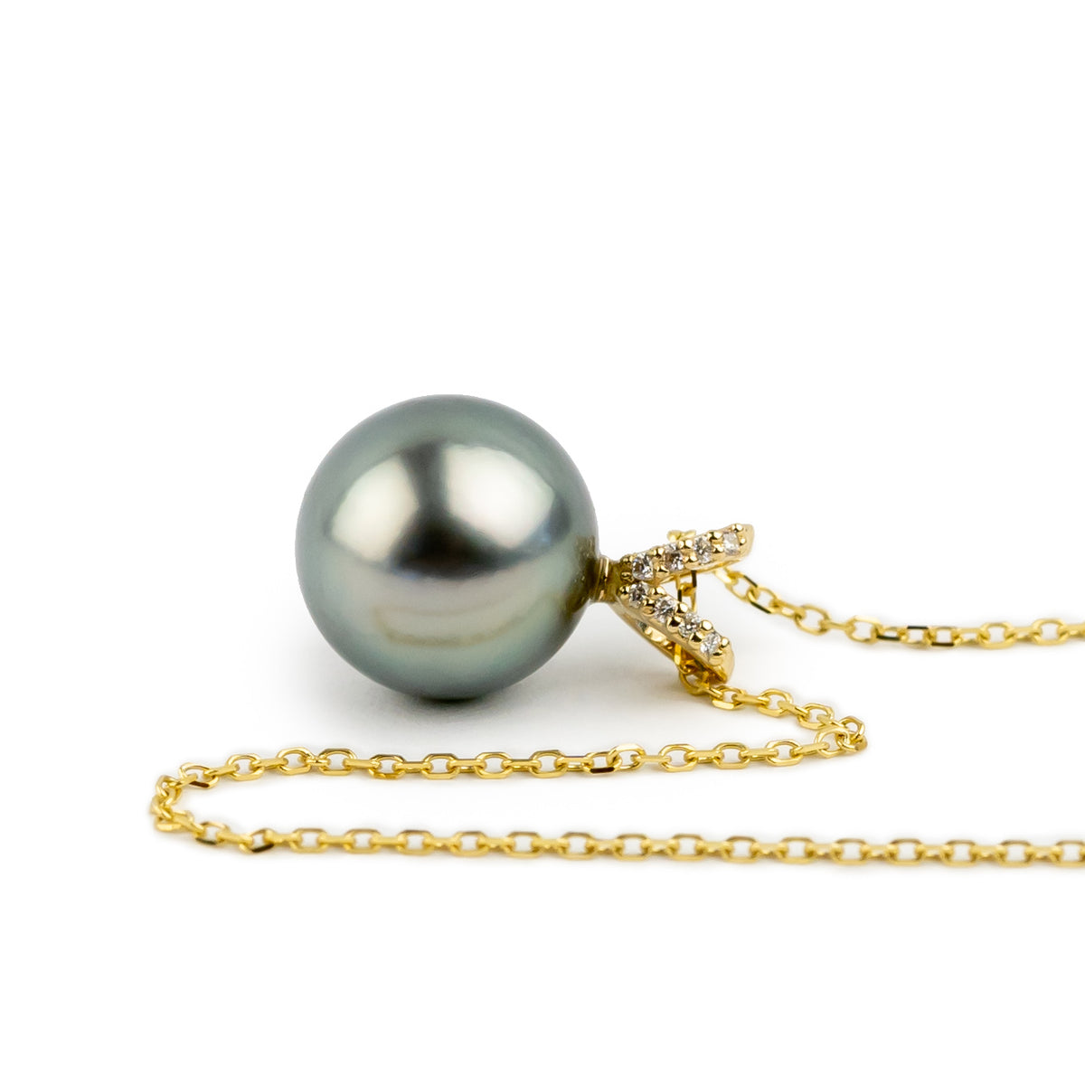 Shimmery Blue Tahitian Pearl & Diamond Hoa Necklace on 14K Yellow Gold