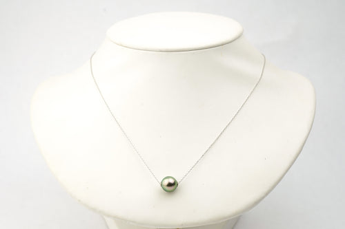 Light green peacock Tahitian pearl slider solitaire necklace on 14K white gold chain