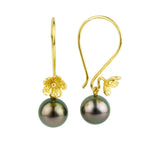 Aubergine Peacock Tahitian Pearl Hibiscus Hook Earrings