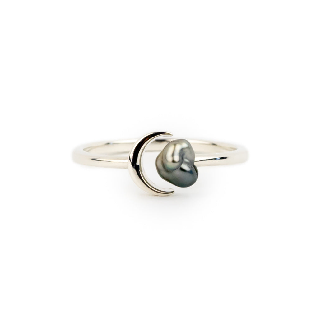 Silver Cloud Tahitian Keshi Crescent Moon Ring