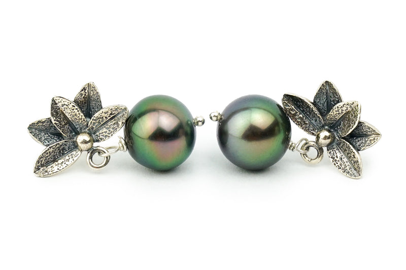 Cascadia Lotus Tahitian Pearl Dangle Earrings (Sterling silver)