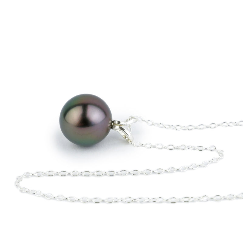 Plum Peacock 9.3mm Tahitian Pearl I'a Necklace on Sterling Silver