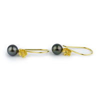 Midnight Tahitian Pearl Hibiscus Hook Earrings