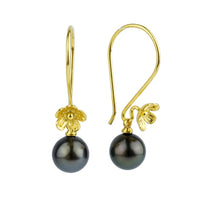 Midnight Tahitian Pearl Hibiscus Hook Earrings