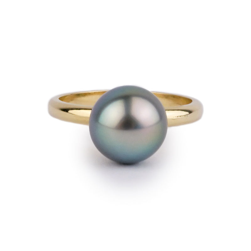 Blue Rainbow 9.6mm Tahitian Pearl Ring on 14k Yellow Gold