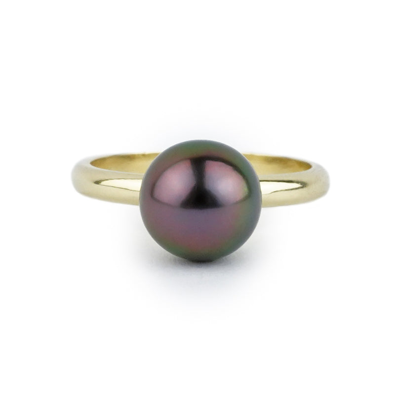 Vibrant Plum Peacock 9.2mm Tahitian Pearl Ring on 14k Yellow Gold