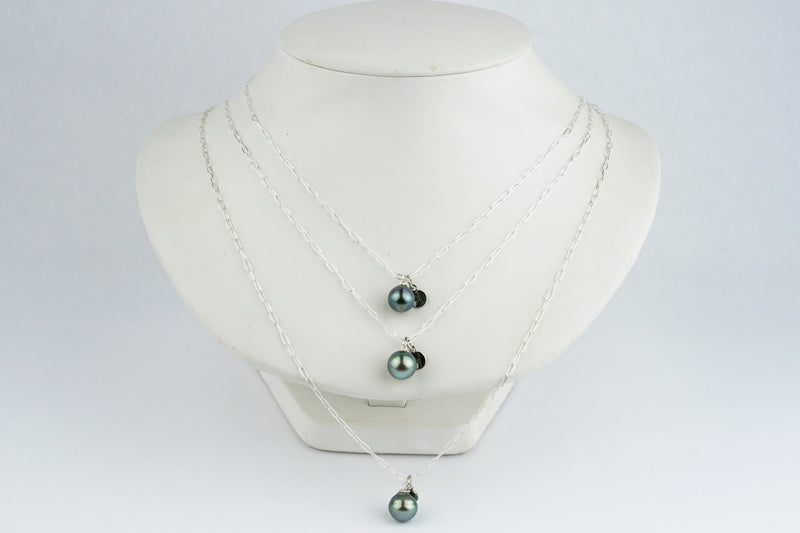 Blue-Green Tahitian Pearl Charm Necklace (Sterling)