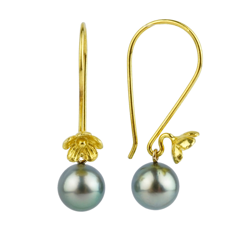 Blue-Green Tahitian Pearl Hibiscus Hook Earrings