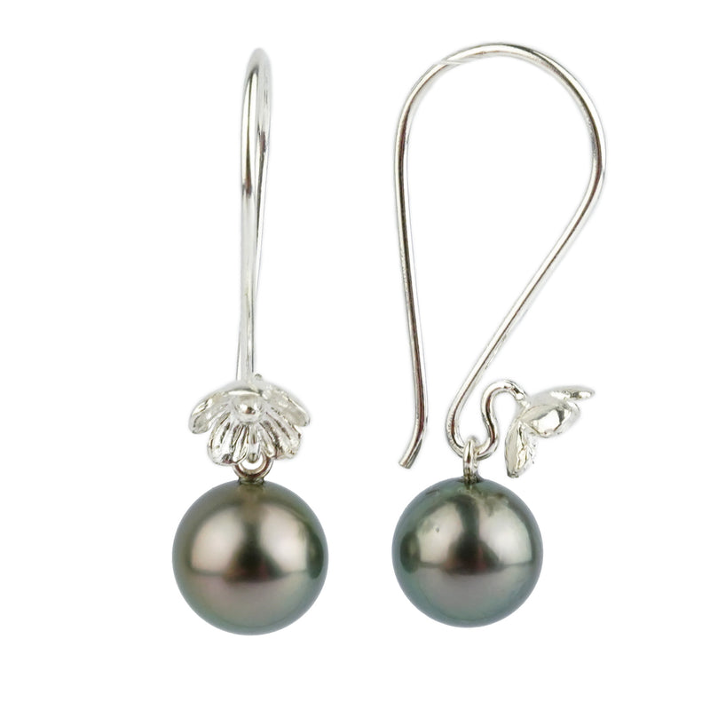 Silvery Pink-Green Tahitian Pearl Hibiscus Hook Earrings