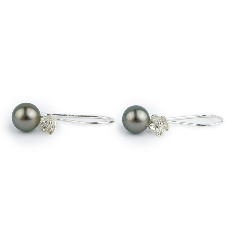 Silvery Pink-Green Tahitian Pearl Hibiscus Hook Earrings