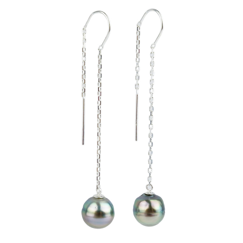 Pink Circled Tahitian Pearl Chain Threader Dangle Earrings