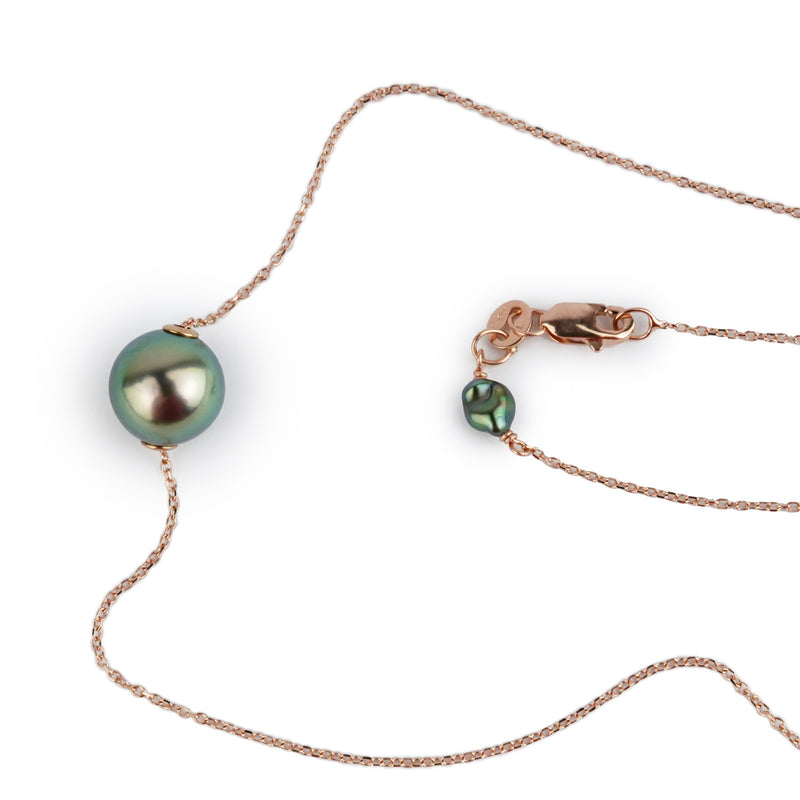 Vibrant Green 9.4mm Tahitian Pearl Solitaire Necklace on 14K Rose Gold