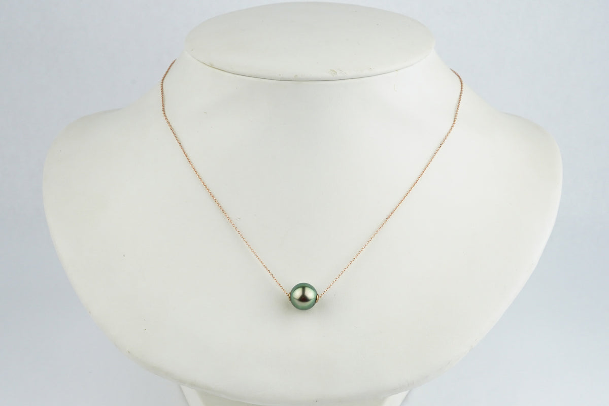 Vibrant Green 9.4mm Tahitian Pearl Solitaire Necklace on 14K Rose Gold