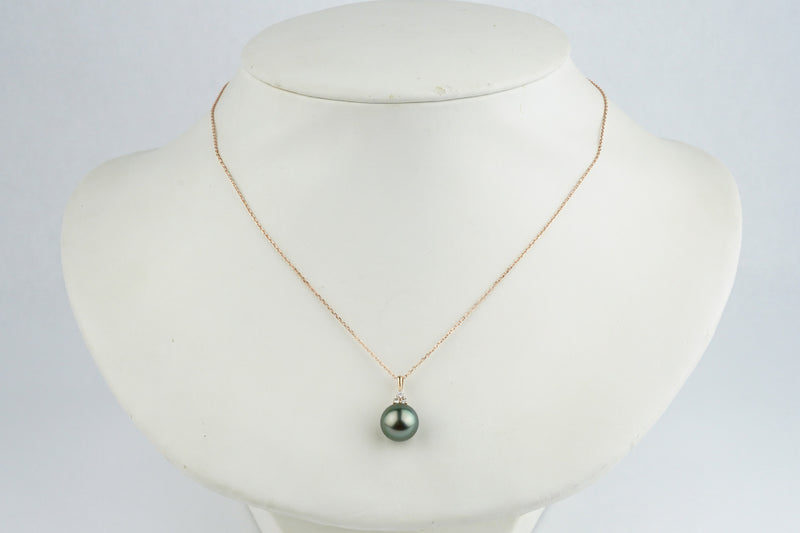 Blue-Green Peacock Tahitian Pearl & Diamond Toru Necklace on 14K Rose Gold