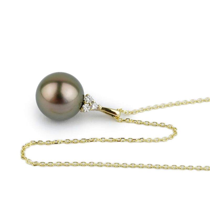 Coppery Cherry Peacock Tahitian Pearl & Diamond Toru Necklace on 14K Yellow Gold