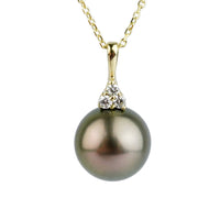 Coppery Cherry Peacock Tahitian Pearl & Diamond Toru Necklace on 14K Yellow Gold