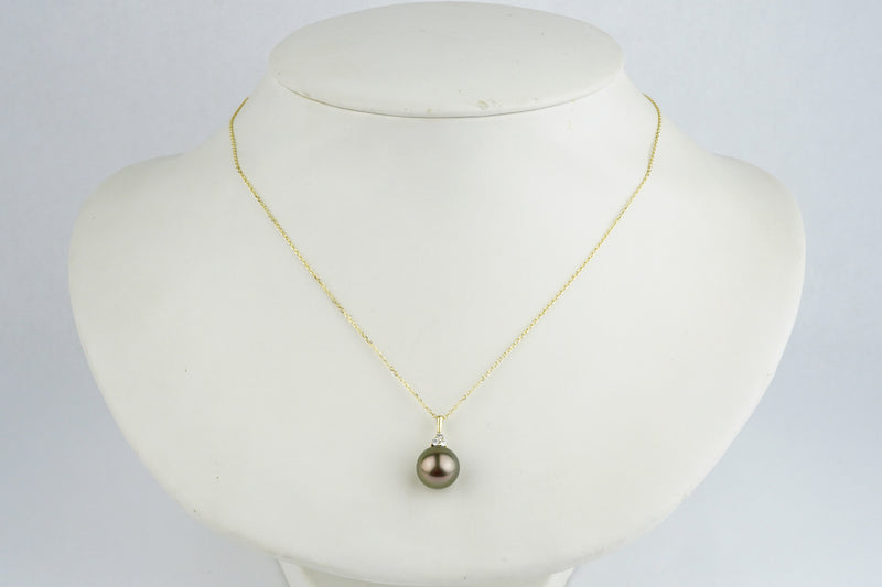 Coppery Cherry Peacock Tahitian Pearl & Diamond Toru Necklace on 14K Yellow Gold