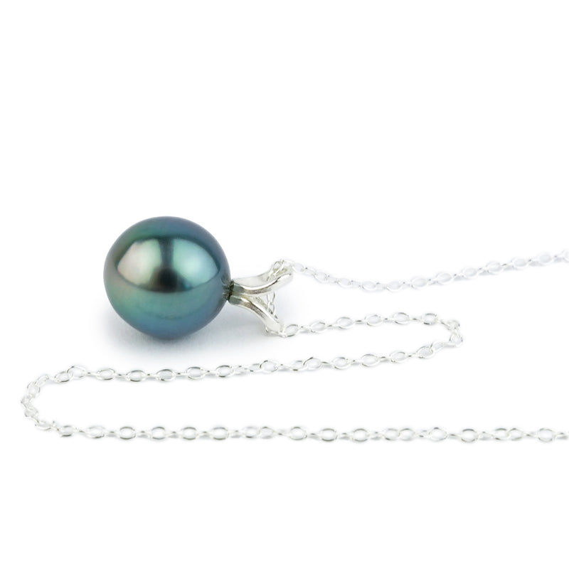 Bright Blue 9mm Tahitian Pearl I'a Necklace on Sterling Silver