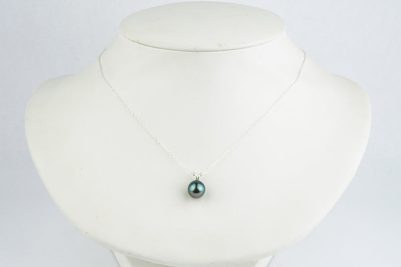 Bright Blue 9mm Tahitian Pearl I'a Necklace on Sterling Silver