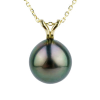Plum Peacock 9.8mm Tahitian Pearl I'a Necklace on 14K Yellow Gold