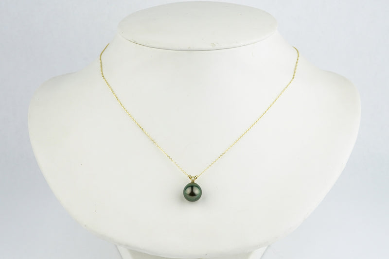 Plum Peacock 9.8mm Tahitian Pearl I'a Necklace on 14K Yellow Gold