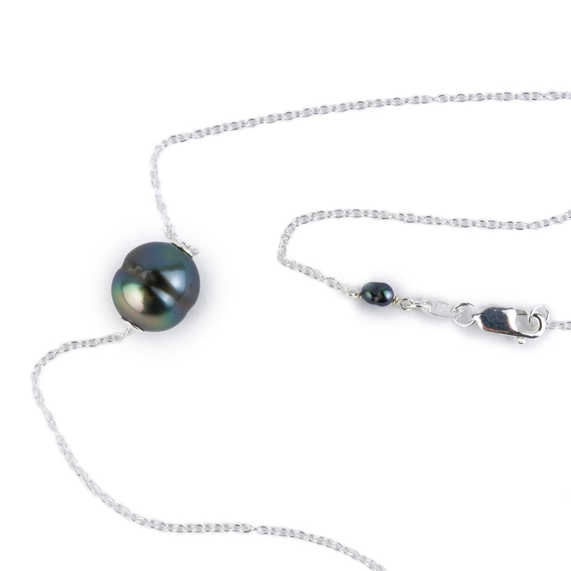 Indigo-Green Peacock 9.5mm Tahitian Pearl Solitaire Necklace on Sterling Silver