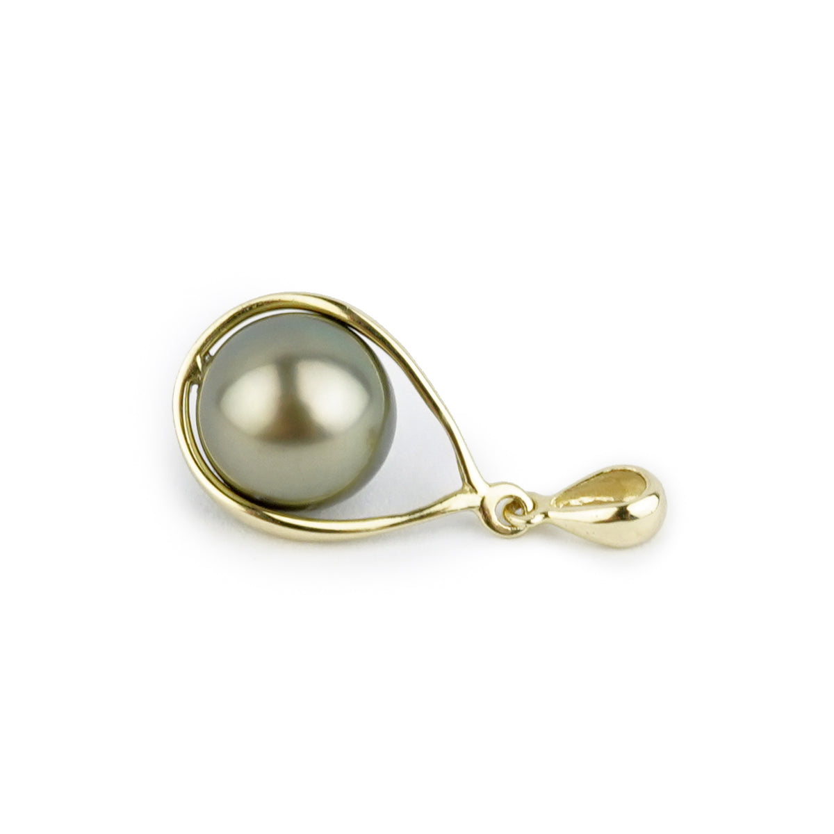 Golden Green Tahitian Pearl Teardrop Pendant on 14K Yellow Gold