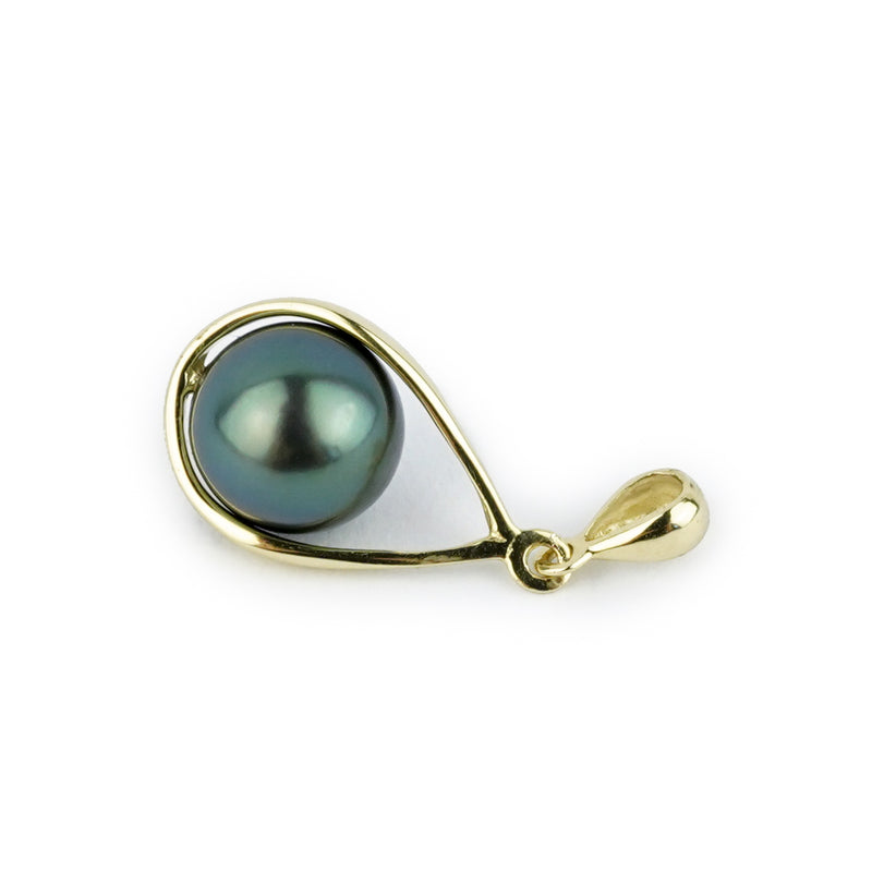 Deep Indigo-Green Tahitian Pearl Teardrop Pendant on 14K Yellow Gold