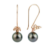 Deep Peacock Green Tahitian Pearl Hibiscus Hook Earrings