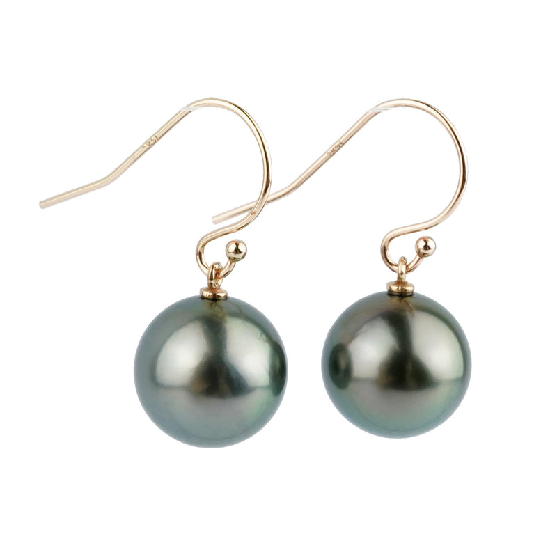 Deep Blue-Green Tahitian Pearl Dangle Earrings on 14K Rose Gold