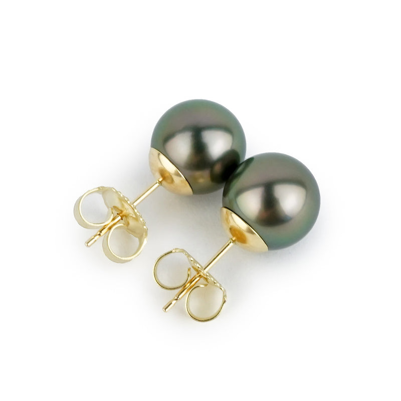 Pink-Green Peacock 9-9.7mm Tahitian Pearl Stud Earrings