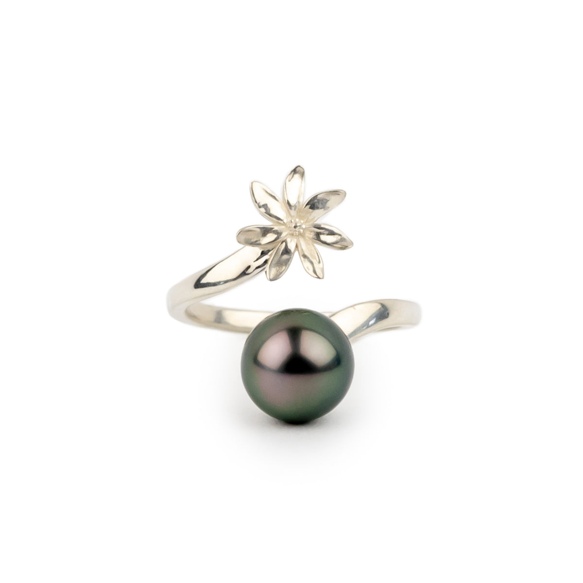 Silver ring with a black pearl and floral design on a white background