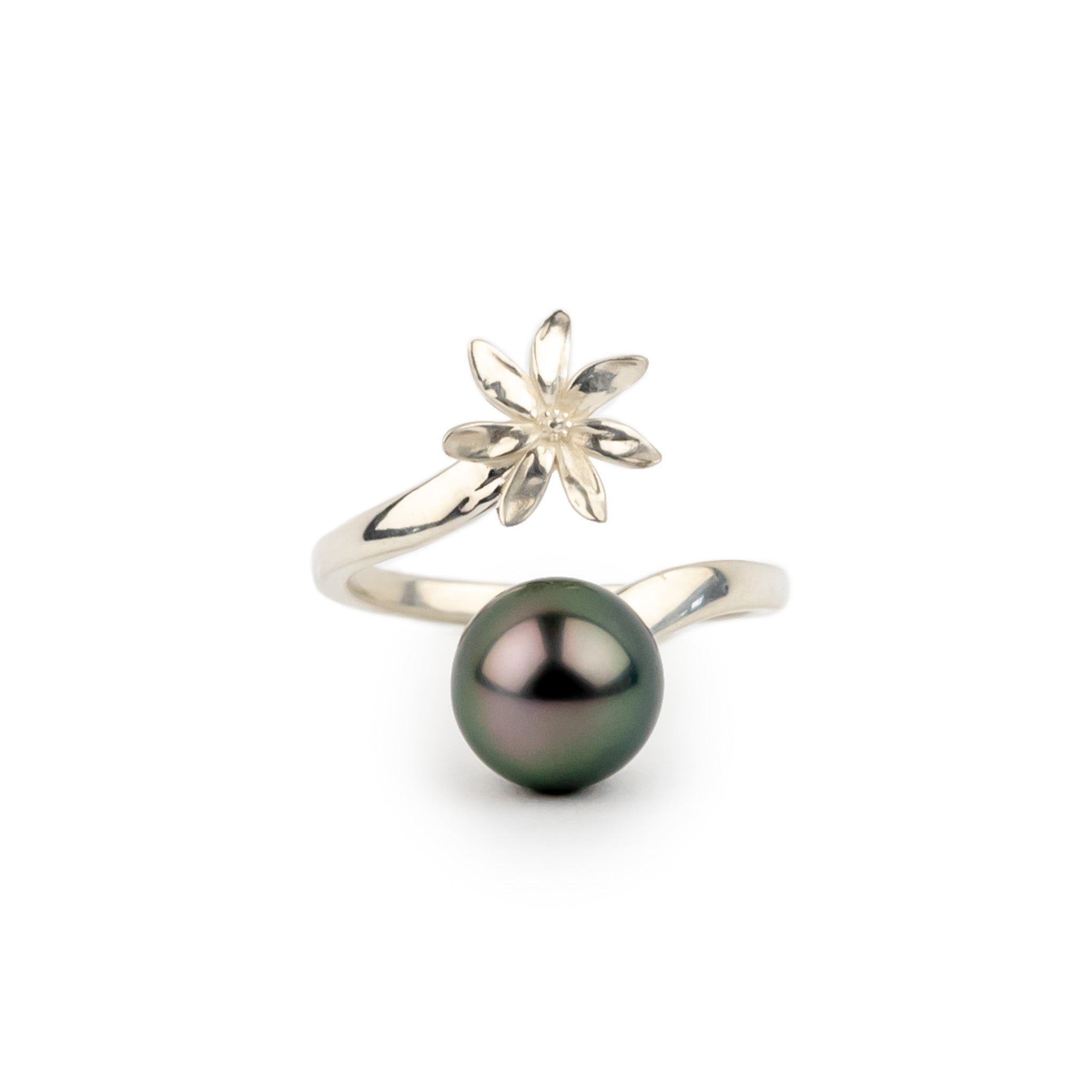 Silver ring with a black pearl and floral design on a white background