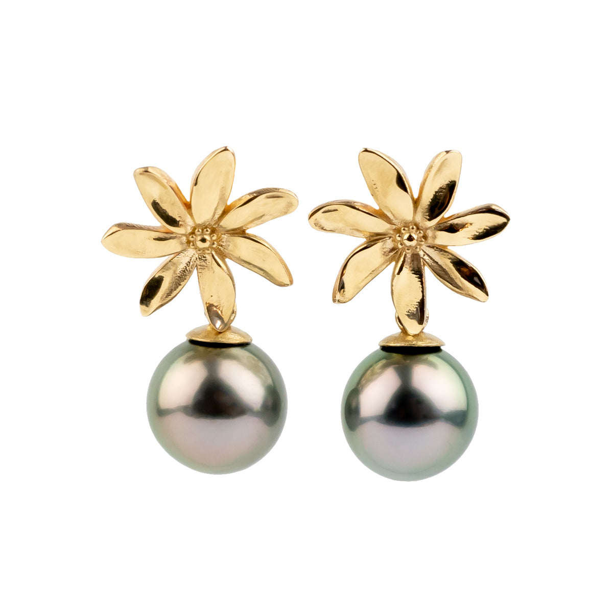 Gold flower-shaped earrings with green pearls on a white background