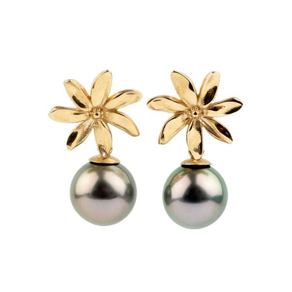 Gold flower-shaped earrings with green pearls on a white background