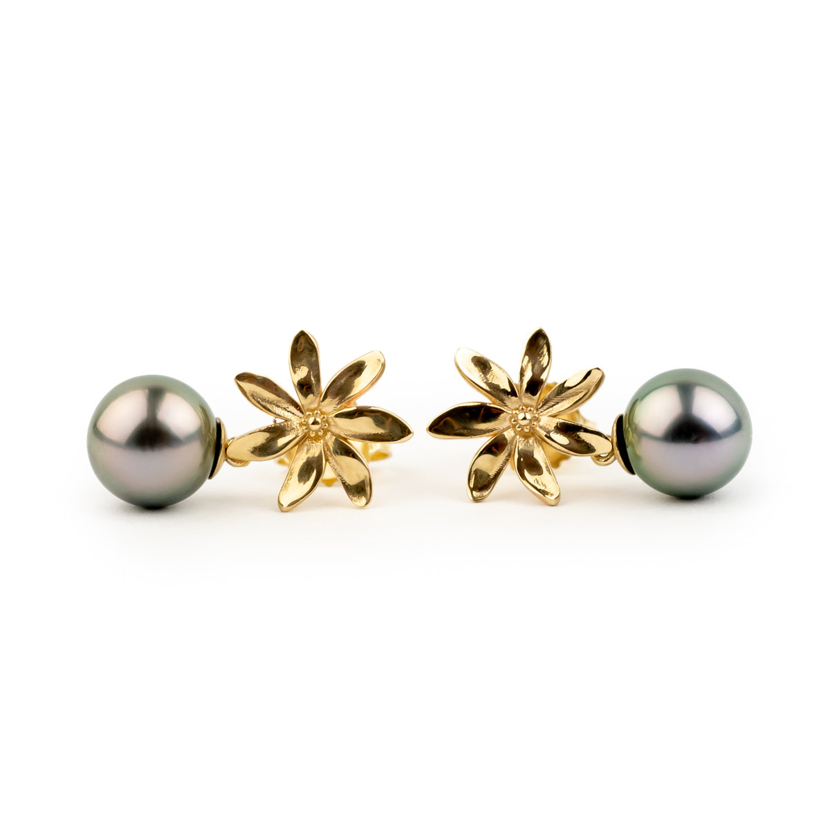 Rosy Pink Green Tiaré 14K Gold Tahitian Pearl Dangle Earrings